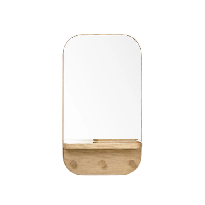 A wall-mounted mirror with a shelf and coat hooks, made from natural oak wood with a matte, water-resistant finish.