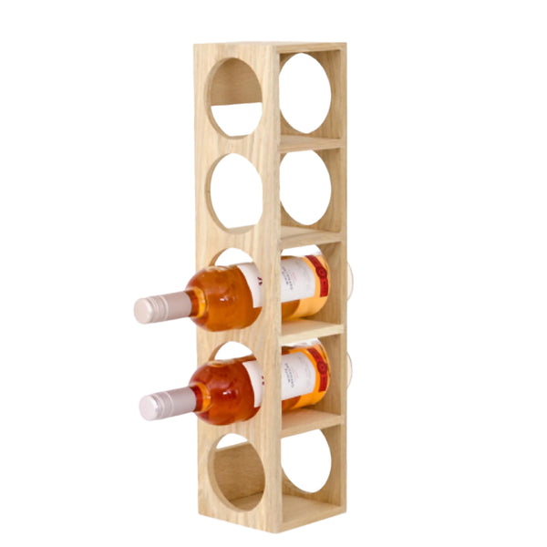 A free-standing wooden wine bottle rack with bottles stored on it.